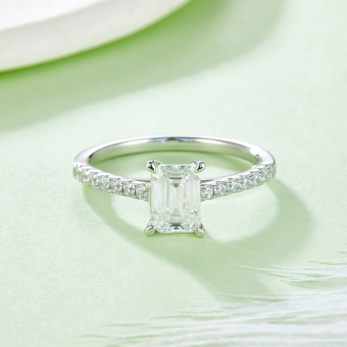 1.0 CT D Color Emerald Cut Moissanite Pave Custom Ring in White Gold Plated Sterling Silver#4
