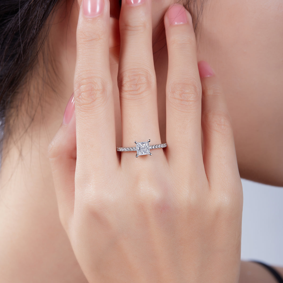 1.0 CT D Color Princess Cut Moissanite Pave Custom Ring in White Gold Plated Sterling Silver#8