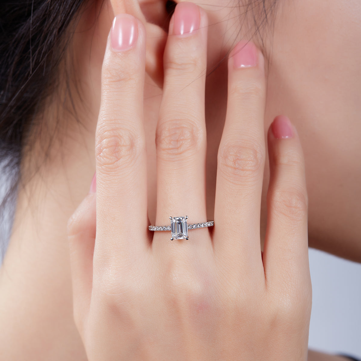 1.0 CT D Color Emerald Cut Moissanite Pave Custom Ring in White Gold Plated Sterling Silver#8