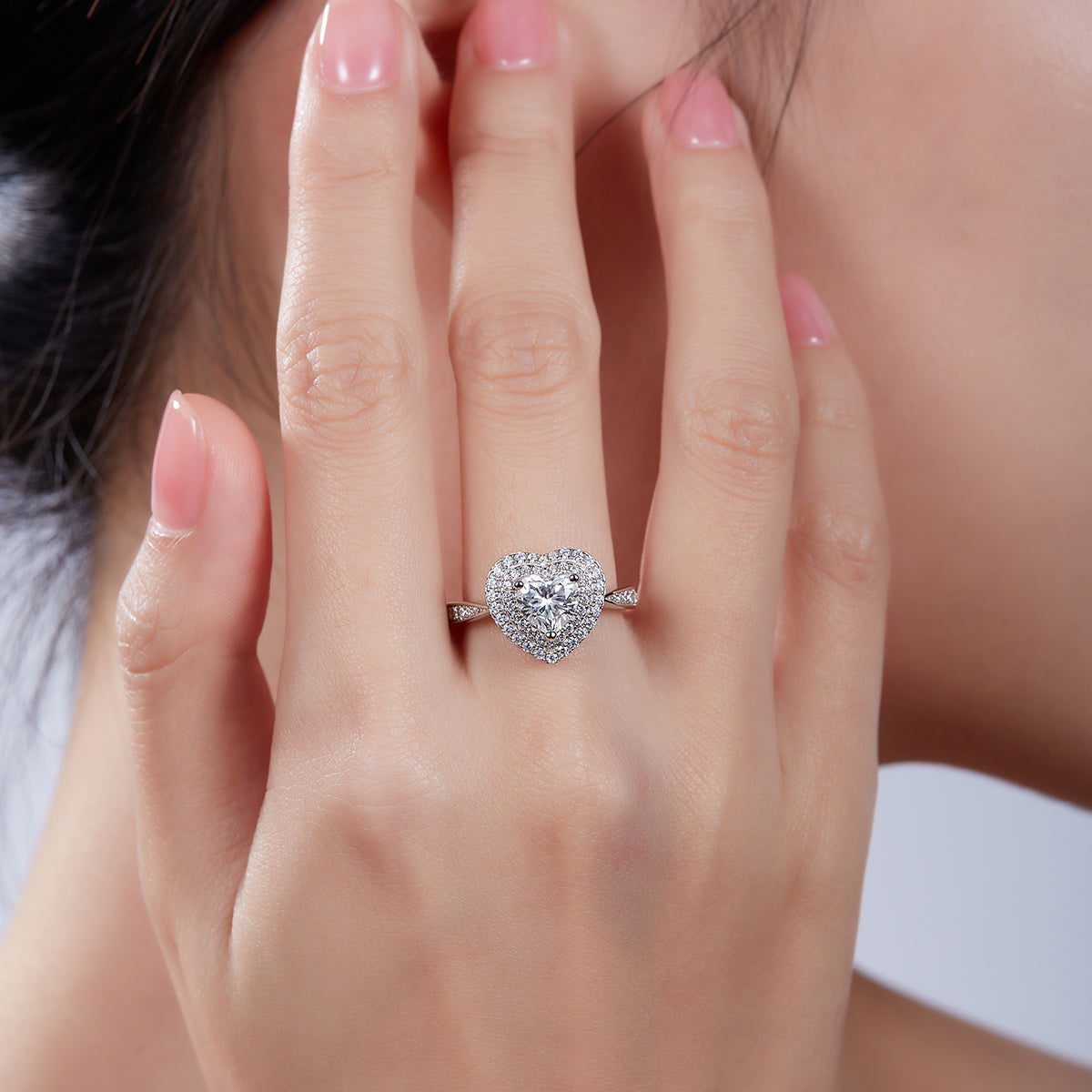 1.0 CT D Color Heart Cut Moissanite Halo Ring in White Gold Plated Sterling Silver#8