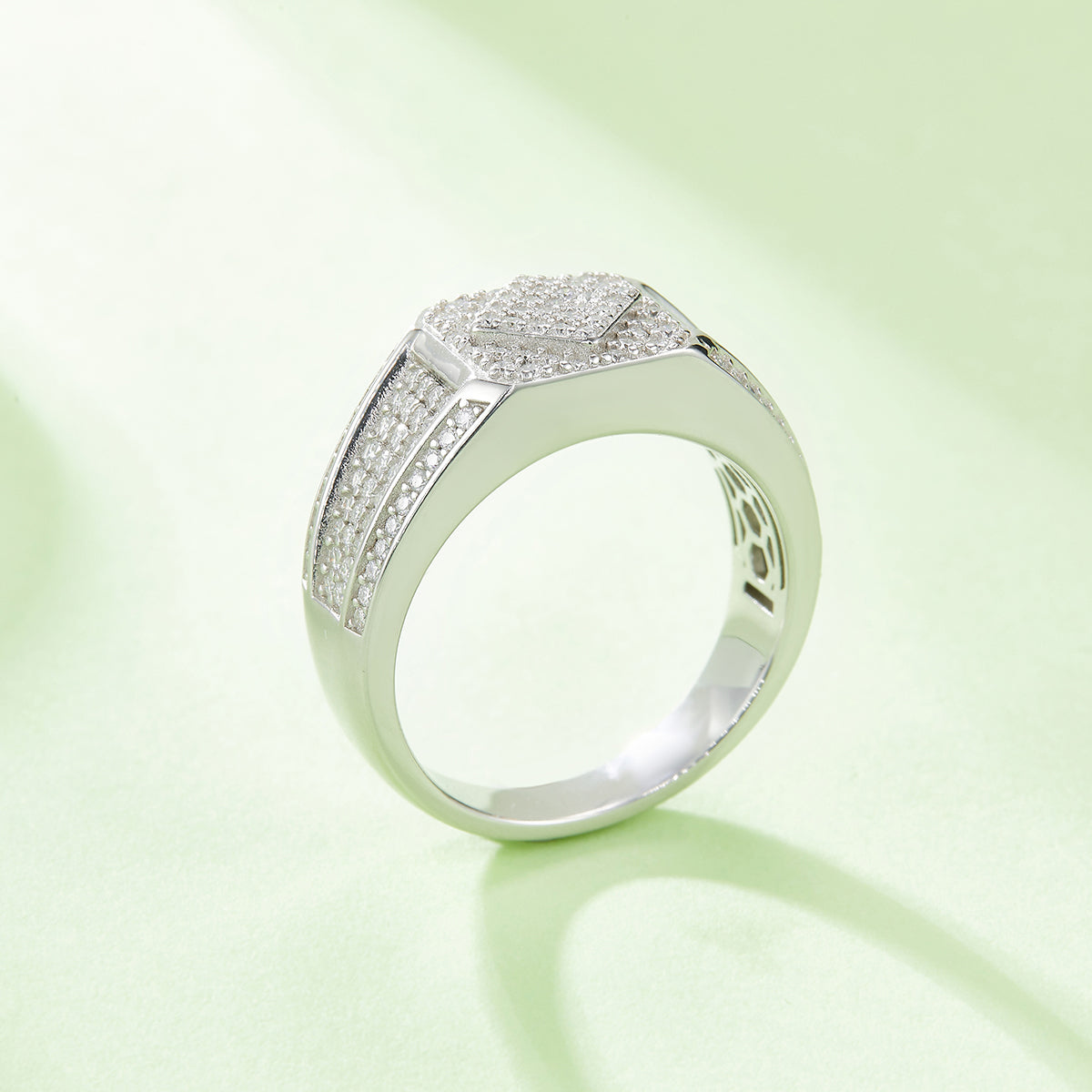 0.94 CT D Color Moissanite Melee Halo Men's Band in White Gold Plated Sterling Silver#4