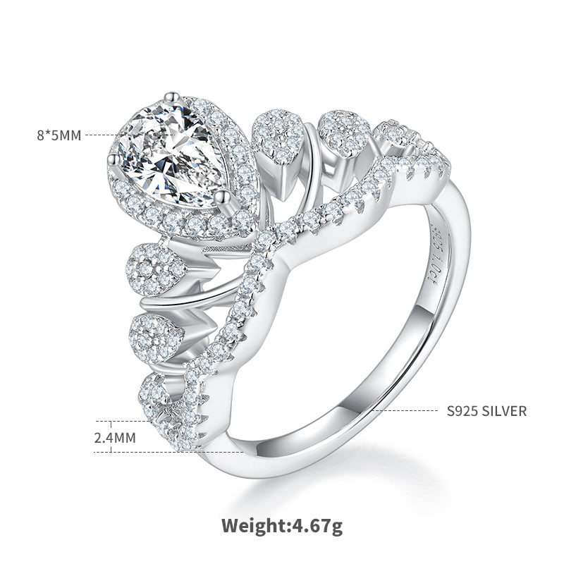 1.0 CT D Color Colored Moissanite V-Shaped Queen Pear Ring in White Gold Plated Sterling Silver#7