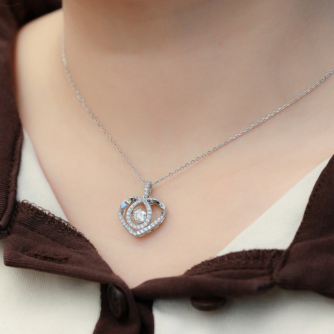 0.5 CT D Color Dancing Moissanite Heartbeat Necklace in White Gold Plated Sterling Silver#0