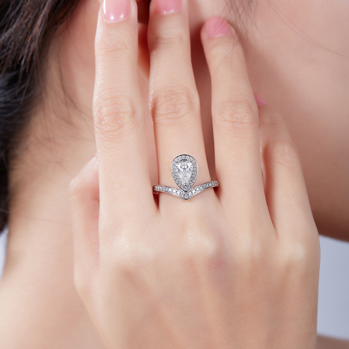 1.0 CT D Color Colored Moissanite V-Shaped Tiger Prong Pear Ring in White Gold Plated Sterling Silver#12