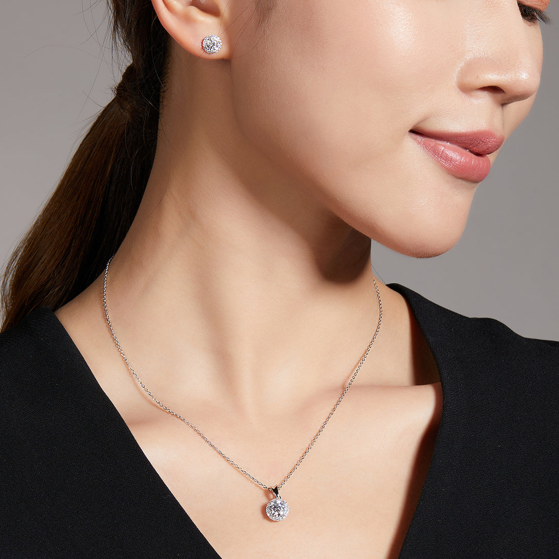 Bezel Set Moissanite Classic Pendant & Stud Earrings Set in White Gold Plated Sterling Silver#2