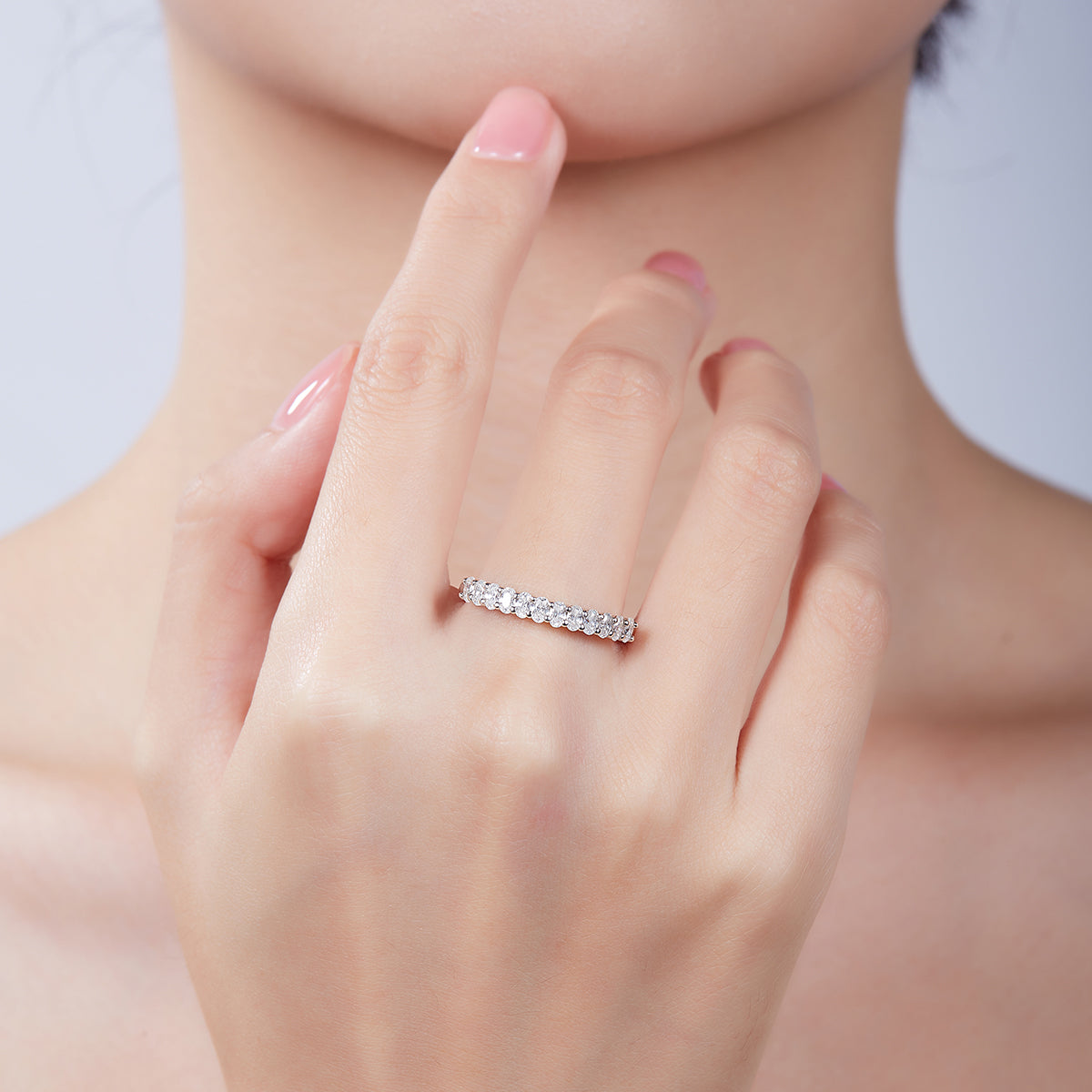 1.0 CT D Color Oval Cut Moissanite Custom Eternity Band in White Gold Plated Sterling Silver#8