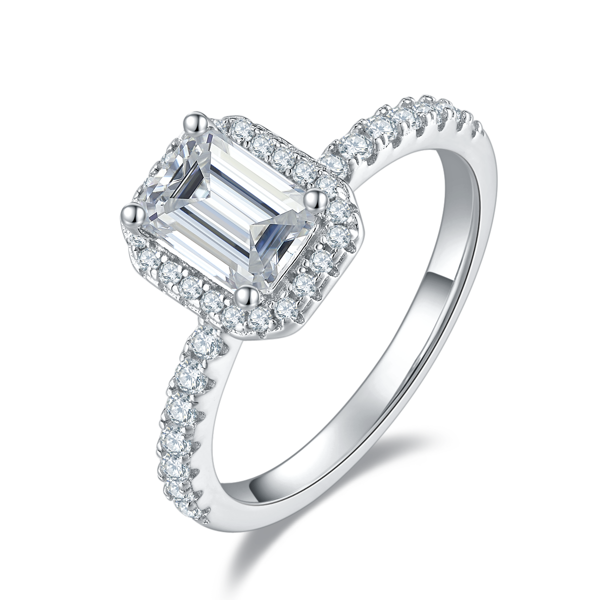 1.0 CT D Color Emerald Cut Moissanite Dainty Ring in White Gold Plated Sterling Silver#6