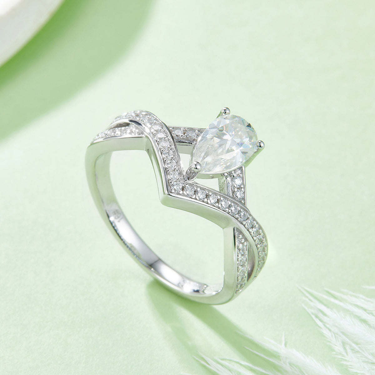 1.0 CT D Color Colored Moissanite V-Shaped Lock of Love Pear Ring in White Gold Plated Sterling Silver#6