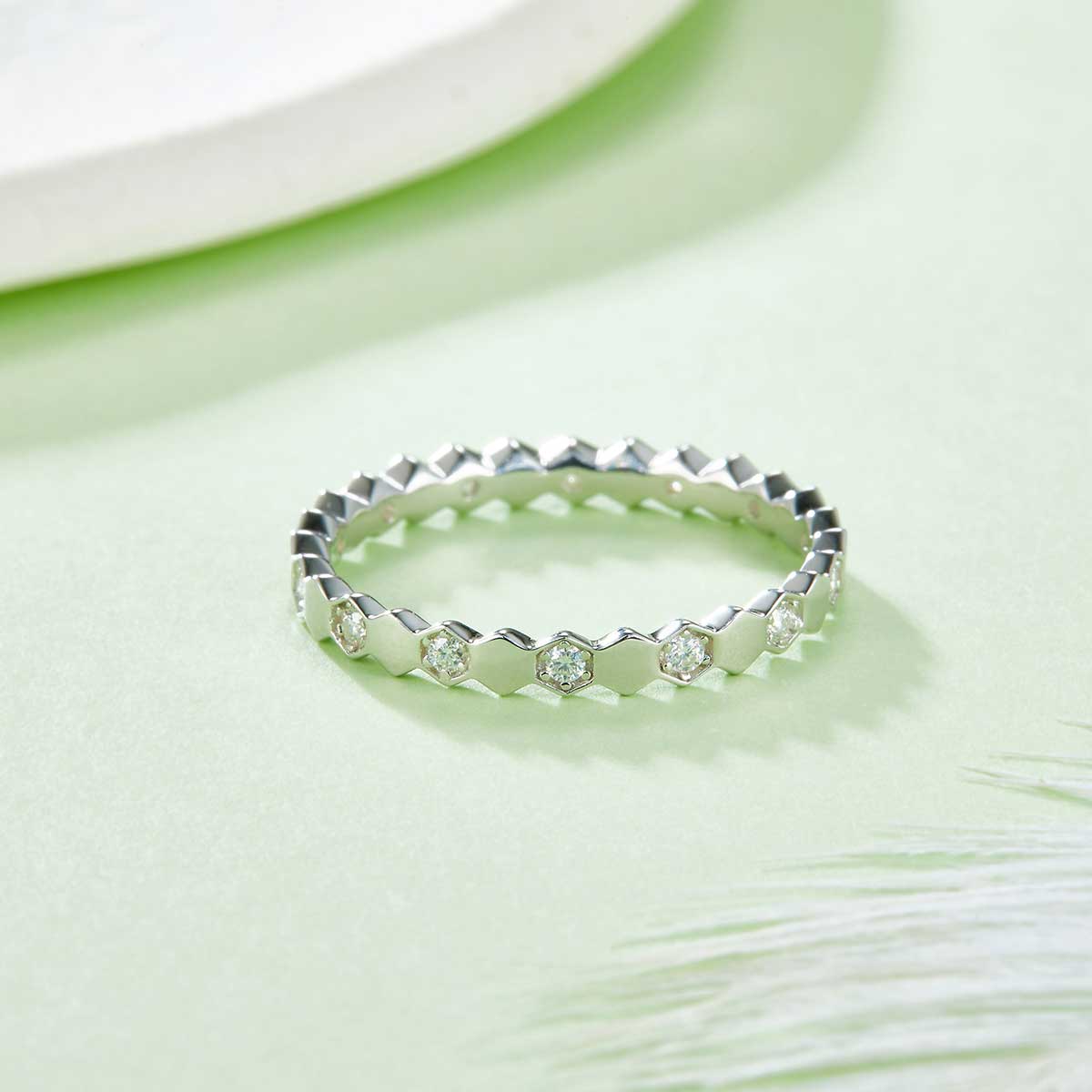 0.2 CT D Color Moissanite Melee Honeycomb Ring in White Gold Plated Sterling Silver#6
