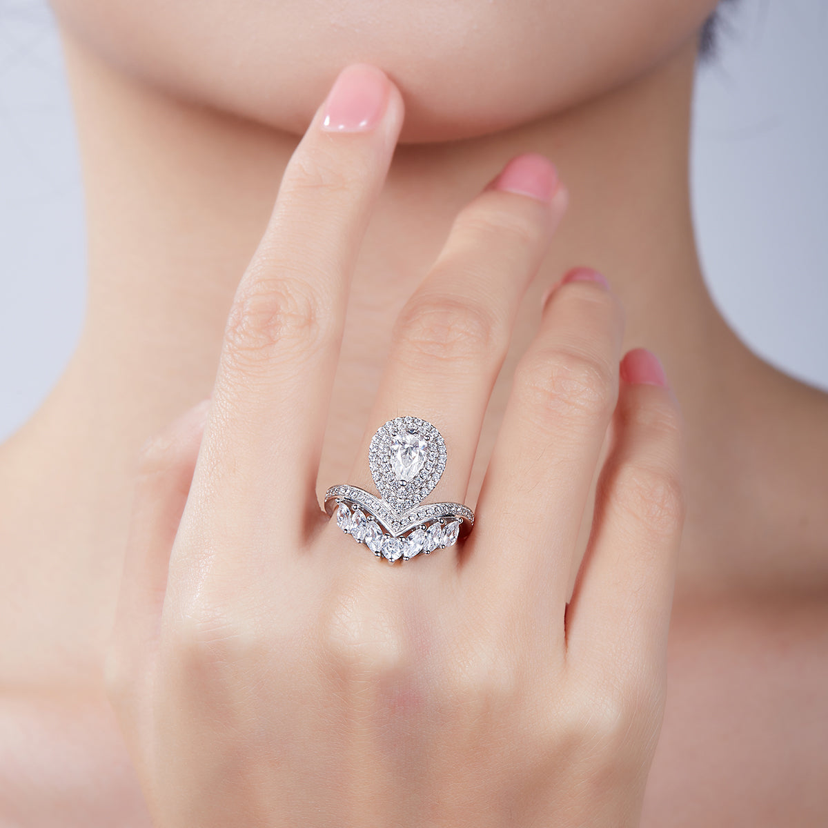 1.0 CT D Color Colored Moissanite V-Shaped Pearl Pear Drop Ring in White Gold Plated Sterling Silver#12