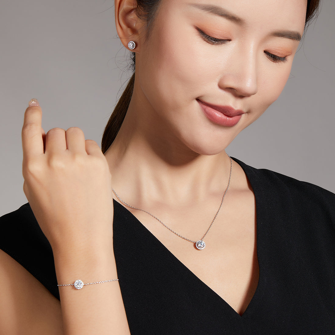 Bezel Set Moissanite Luxury Pendant & Stud Earrings Set in White Gold Plated Sterling Silver#3