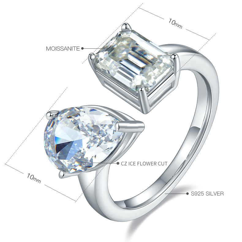 2.0 CT D Color Pear Crushed Ice and Emerald Cut Moissanite Ring in White Gold Plated Sterling Silver#4