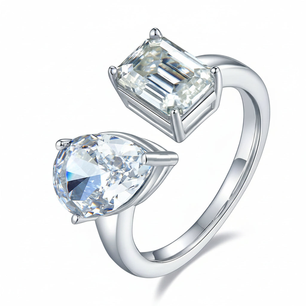 2.0 CT D Color Pear Crushed Ice and Emerald Cut Moissanite Ring in White Gold Plated Sterling Silver