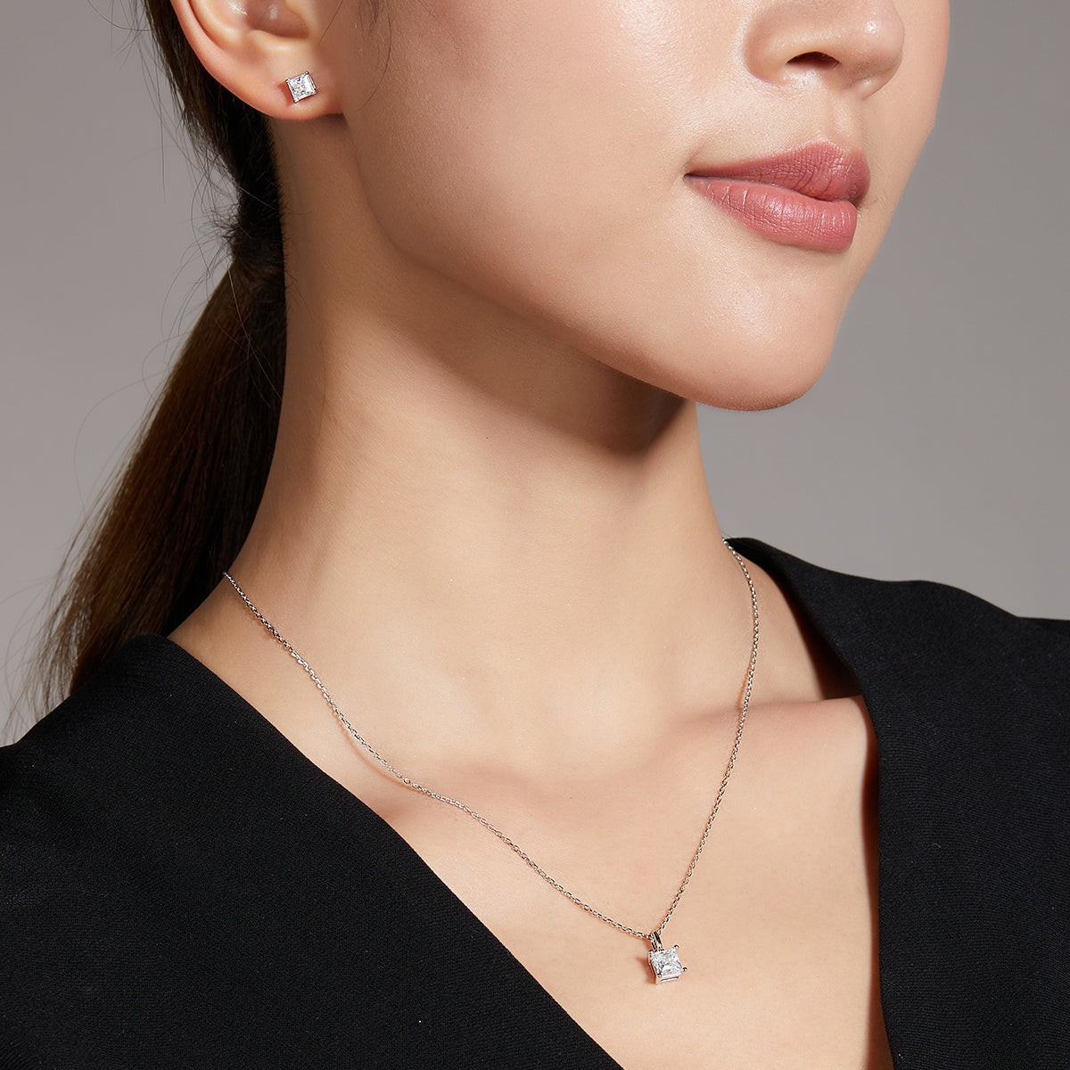 Princess Cut Moissanite Classic Pendant & Stud Earrings Set in White Gold Plated Sterling Silver#13