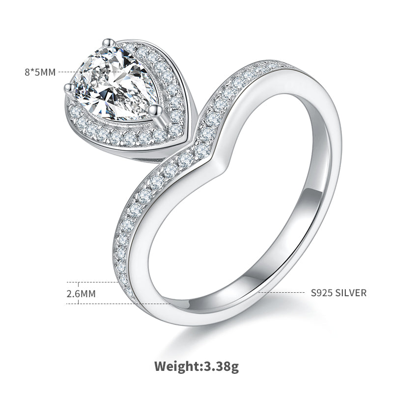 1.0 CT D Color Colored Moissanite V-Shaped Tiger Prong Pear Ring in White Gold Plated Sterling Silver#4