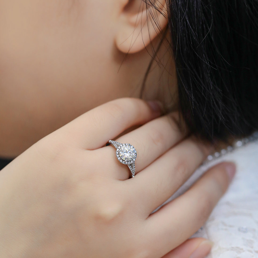 1.5 CT D Color Bezel Set Moissanite Split Shank Ring in White Gold Plated Sterling Silver#5