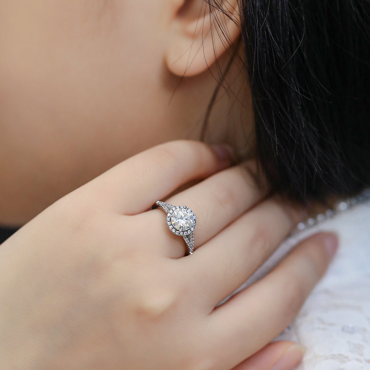 1.5 CT D Color Bezel Set Moissanite Split Shank Ring in White Gold Plated Sterling Silver#12