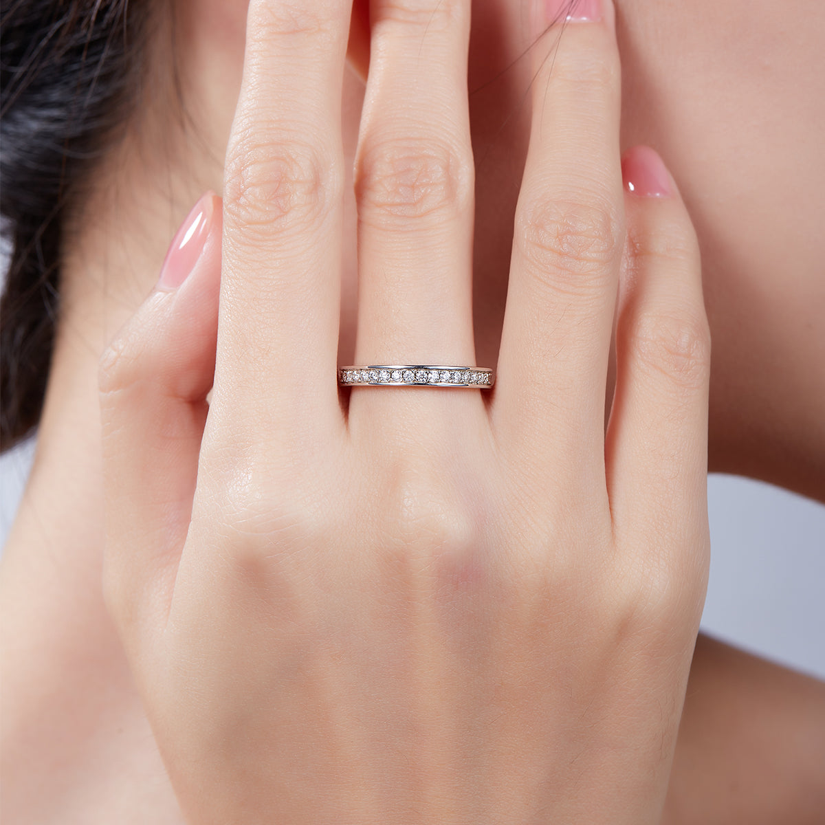 0.6 CT D Color Moissanite Melee Straight Row Full Eternity Ring Guard in White Gold Plated Sterling Silver#8