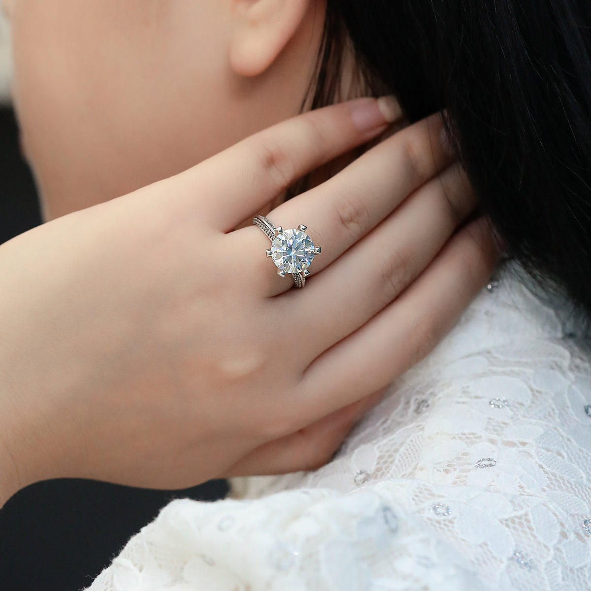5.0 CT D Color Moissanite Majestic Custom Ring in White Gold Plated Sterling Silver#8