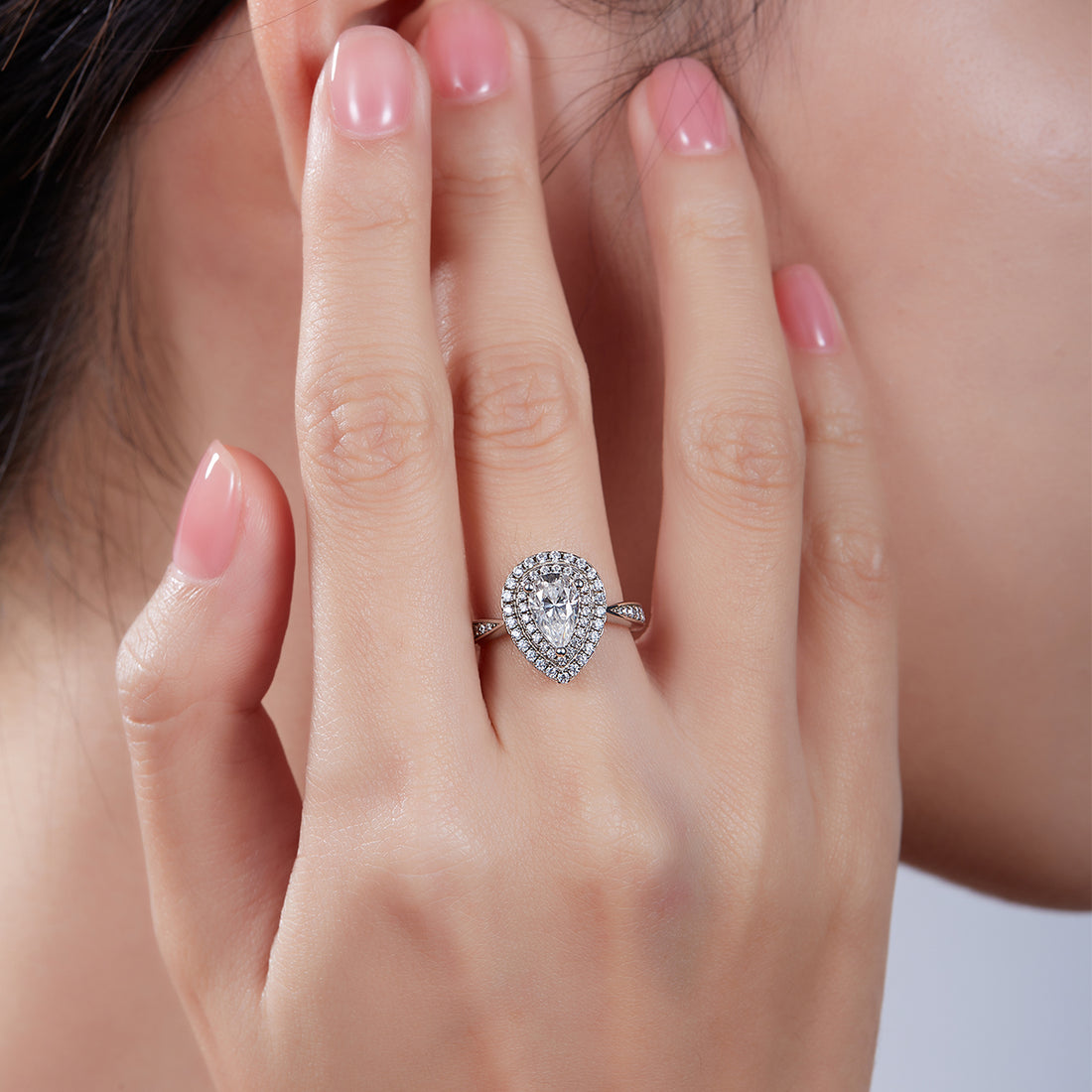 1.0 CT D Color Pear Cut Moissanite Halo Ring in White Gold Plated Sterling Silver#7