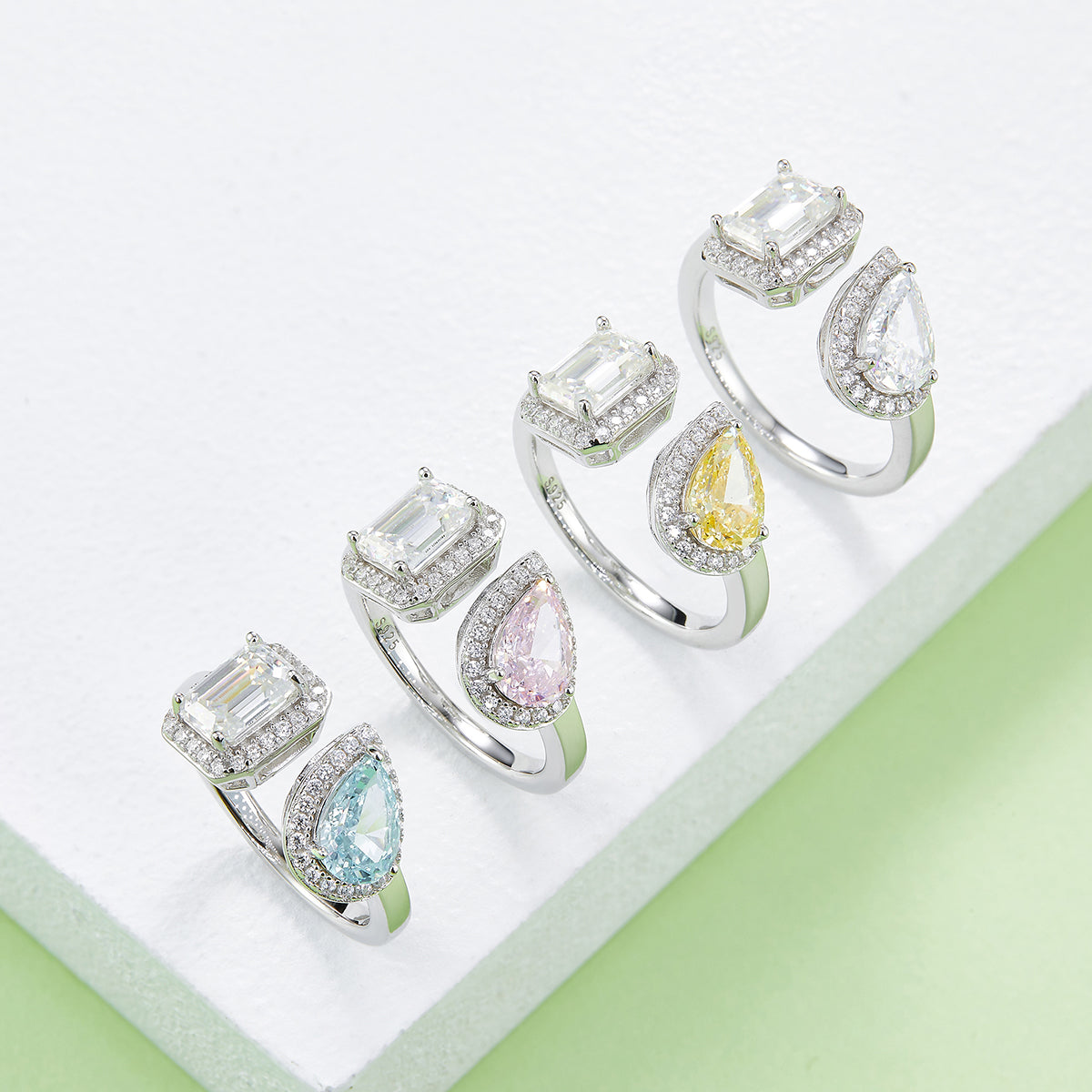1.0 CT D Color Pear Crushed Ice and Emerald Cut Moissanite Ring in White Gold Plated Sterling Silver#11
