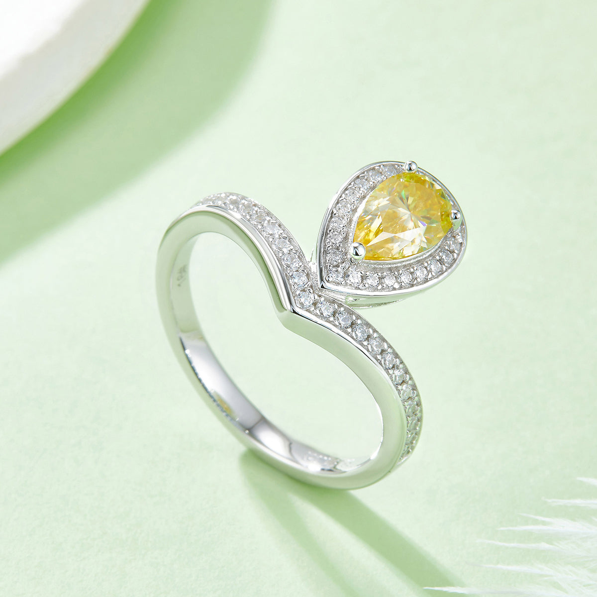 1.0 CT D Color Colored Moissanite V-Shaped Tiger Prong Pear Ring in White Gold Plated Sterling Silver#9