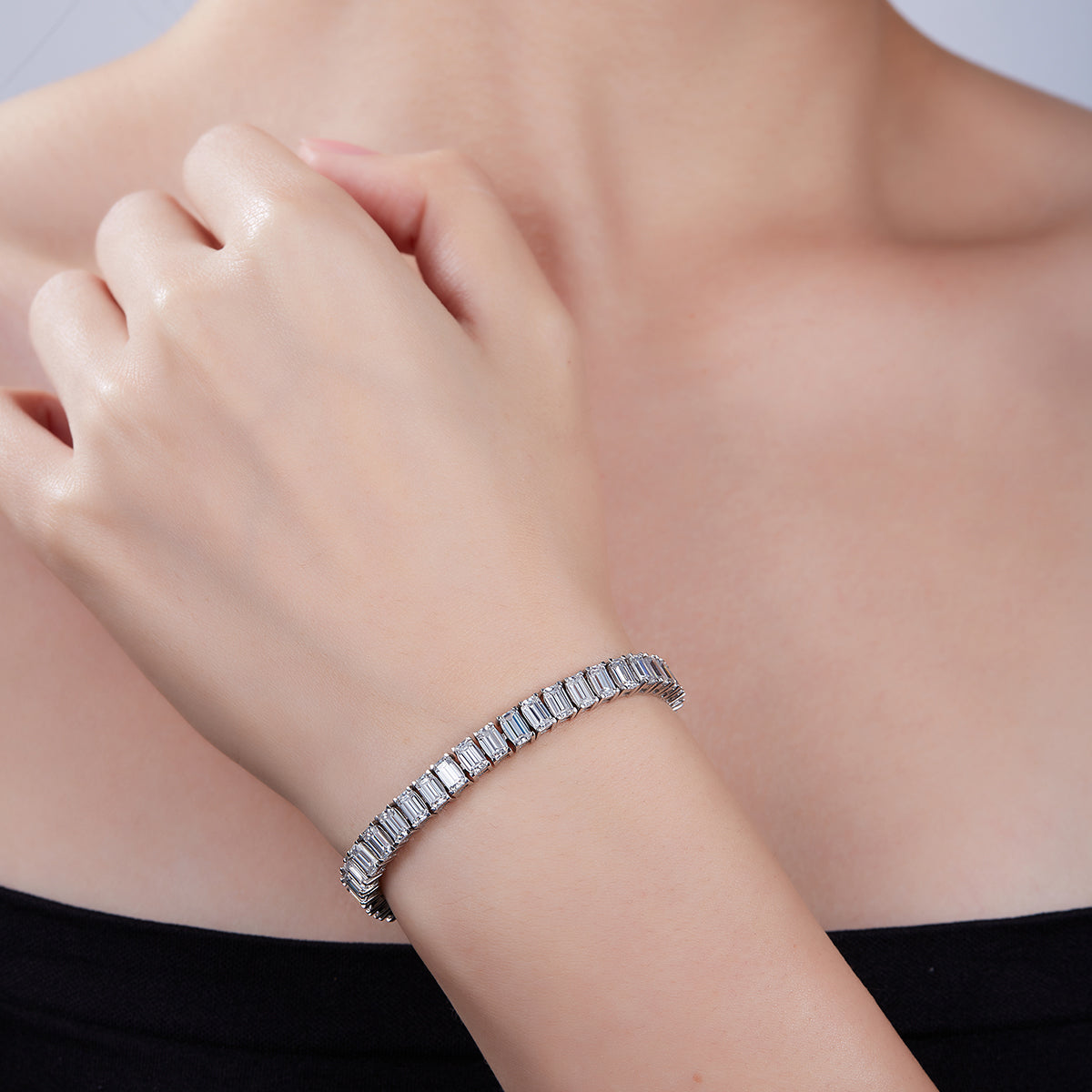 D Color VVS Moissanite Cluster Tennis Bracelet (Emerald Cut, 0.5 CT Each) in White Gold Plated Sterling Silver#4