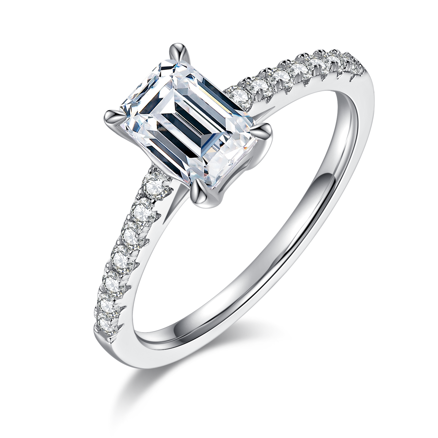 1.0 CT D Color Emerald Cut Moissanite Pave Custom Ring in White Gold Plated Sterling Silver#7