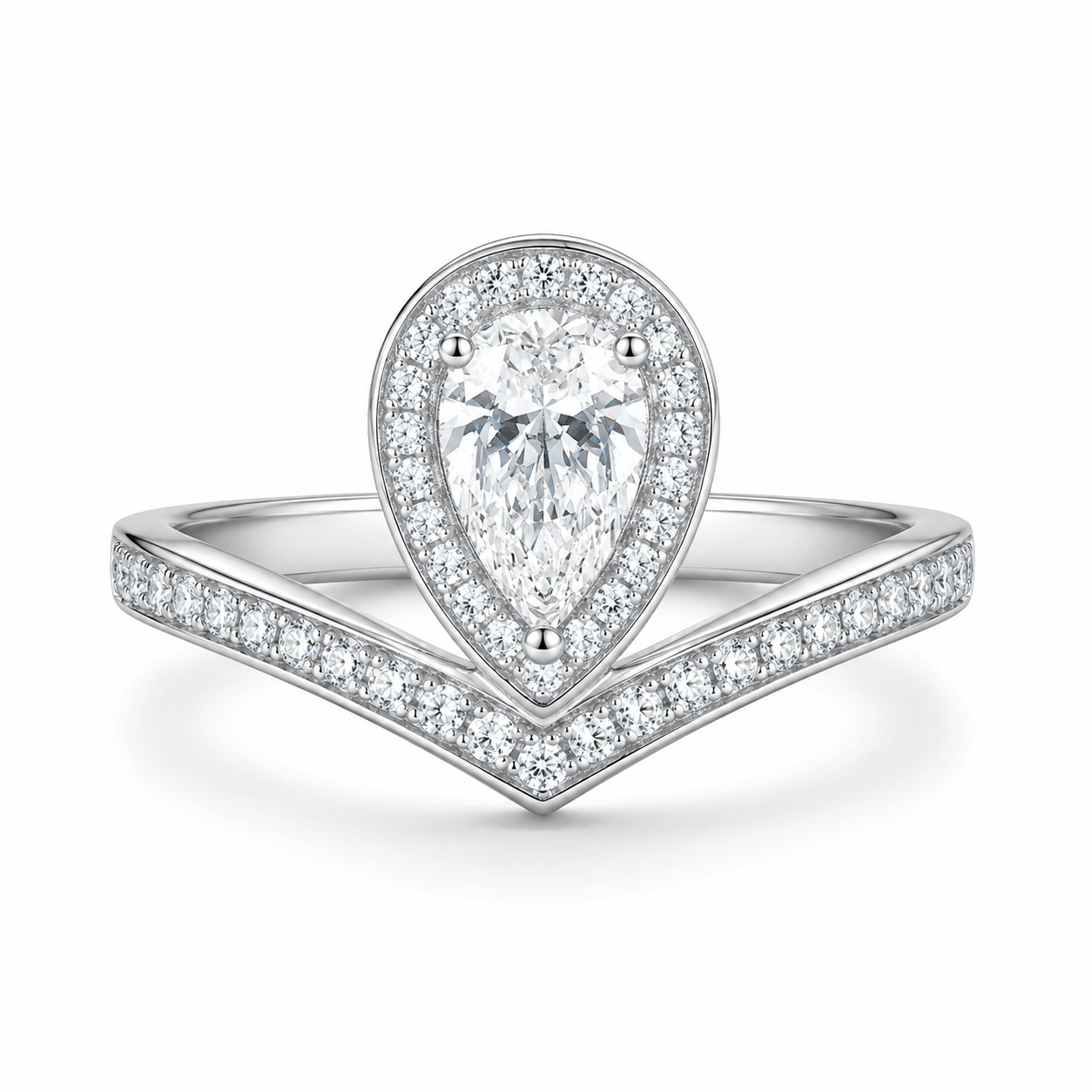1.0 CT D Color Colored Moissanite V-Shaped Tiger Prong Pear Ring in White Gold Plated Sterling Silver