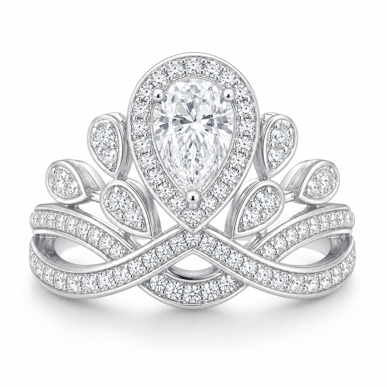 1.0 CT D Color Colored Moissanite V-Shaped Crown Pear Ring in White Gold Plated Sterling Silver