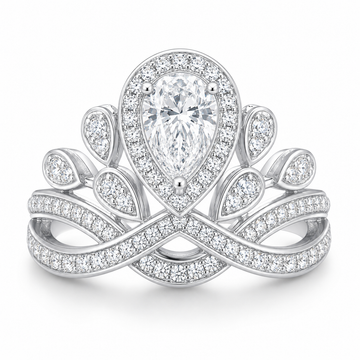 1.0 CT D Color Colored Moissanite V-Shaped Crown Pear Ring in White Gold Plated Sterling Silver