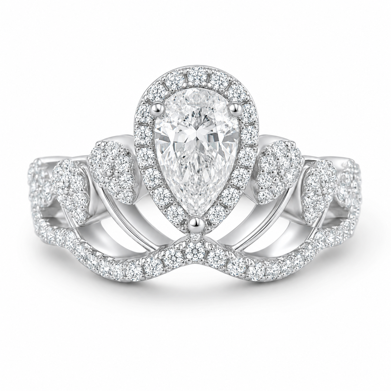 1.0 CT D Color Colored Moissanite V-Shaped Queen Pear Ring in White Gold Plated Sterling Silver
