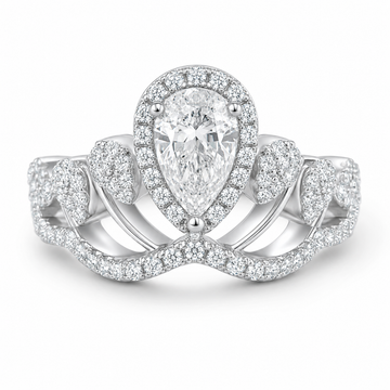 1.0 CT D Color Colored Moissanite V-Shaped Queen Pear Ring in White Gold Plated Sterling Silver