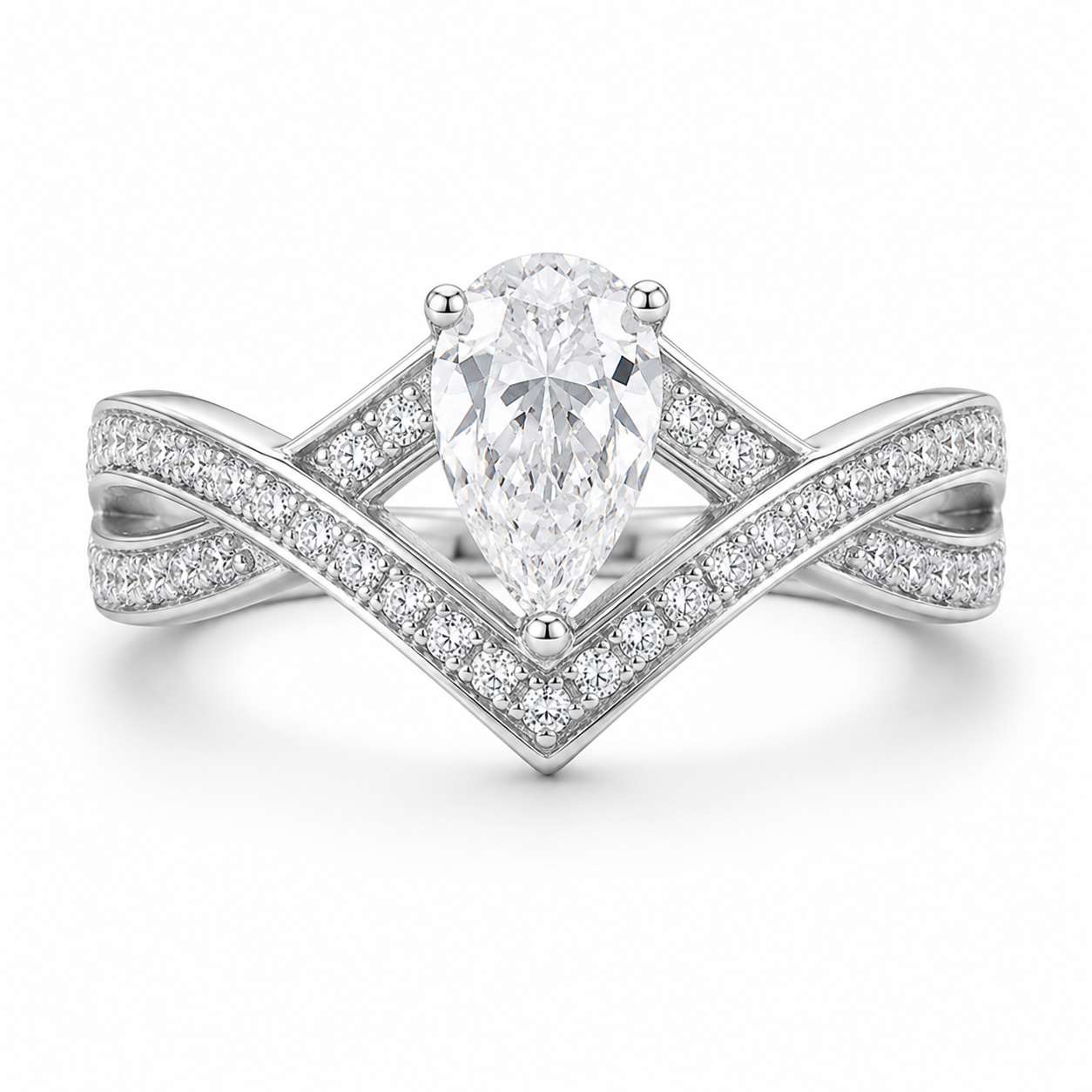 1.0 CT D Color Colored Moissanite V-Shaped Lock of Love Pear Ring in White Gold Plated Sterling Silver
