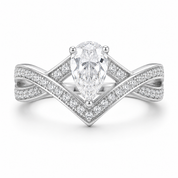 1.0 CT D Color Colored Moissanite V-Shaped Lock of Love Pear Ring in White Gold Plated Sterling Silver