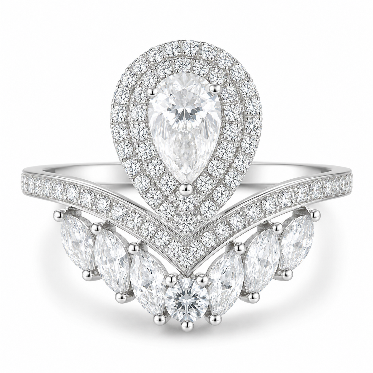 1.0 CT D Color Colored Moissanite V-Shaped Pearl Pear Drop Ring in White Gold Plated Sterling Silver