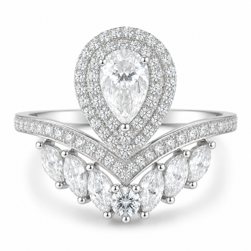 1.0 CT D Color Colored Moissanite V-Shaped Pearl Pear Drop Ring in White Gold Plated Sterling Silver