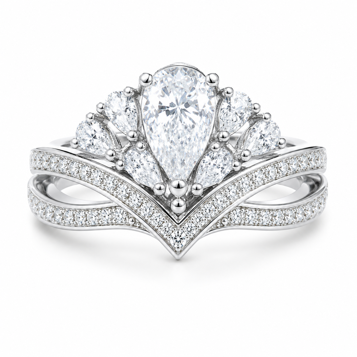 1.0 CT D Color Colored Moissanite V-Shaped Elegant Pear Drop Ring in White Gold Plated Sterling Silver