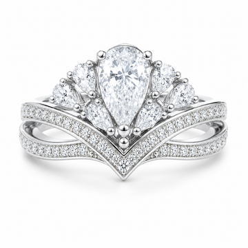 1.0 CT D Color Colored Moissanite V-Shaped Elegant Pear Drop Ring in White Gold Plated Sterling Silver