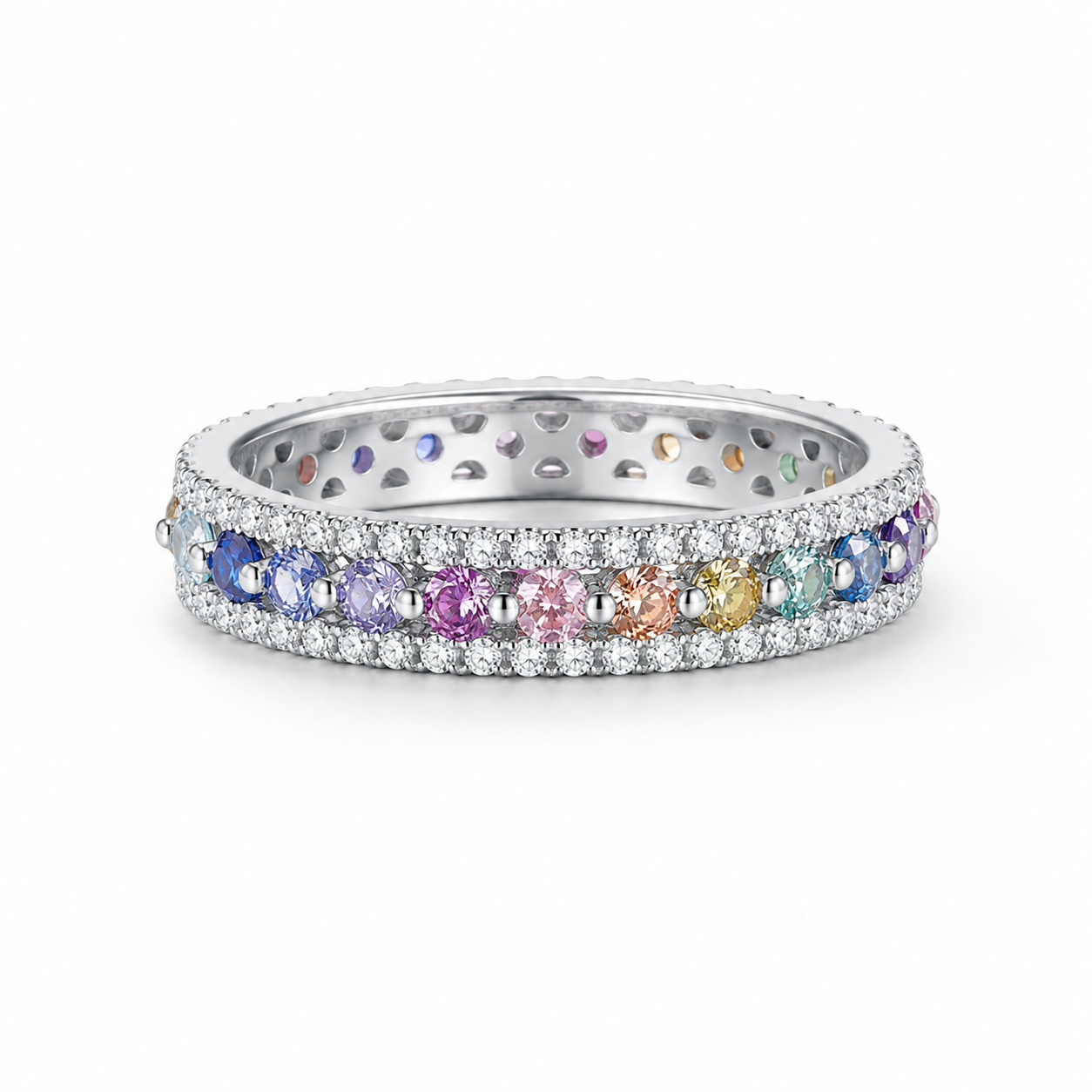 Round Cut Lab-Grown Colored Gemstone & Moissanite Rainbow Ring in 18K White Gold Plated Sterling Silver