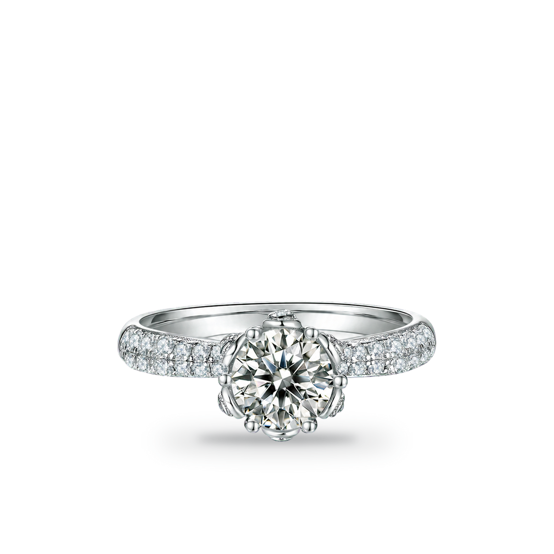 1.0 CT D Color Moissanite Flora Halo Straight Shank Ring in White Gold Plated Sterling Silver - centered product image - AI test - 20260531-ai-test-v4-lv-shadow-strong