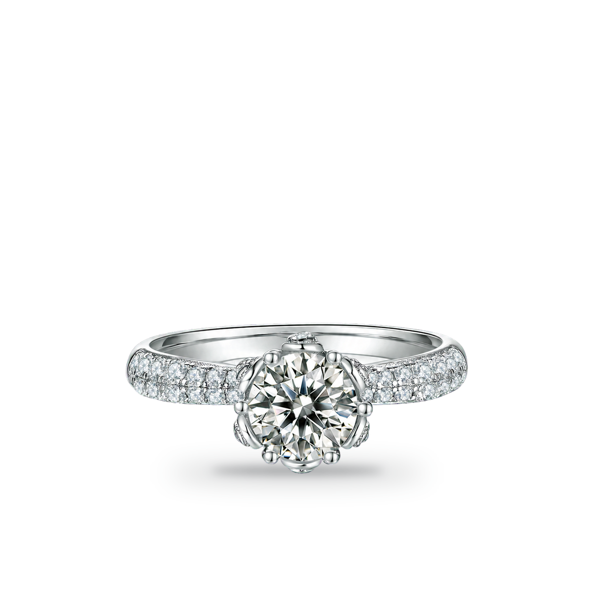 1.0 CT D Color Moissanite Flora Halo Straight Shank Ring in White Gold Plated Sterling Silver - centered product image - AI test - 20260531-ai-test-v4-lv-shadow-strong