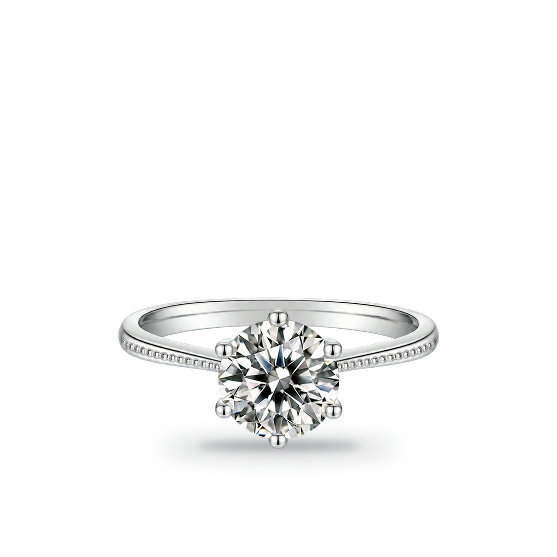 1.0 CT D Color Moissanite Milgrain Promise Straight Shank Ring in White Gold Plated Sterling Silver - centered product image - AI test - 20260531-ai-test-v4-lv-shadow-strong