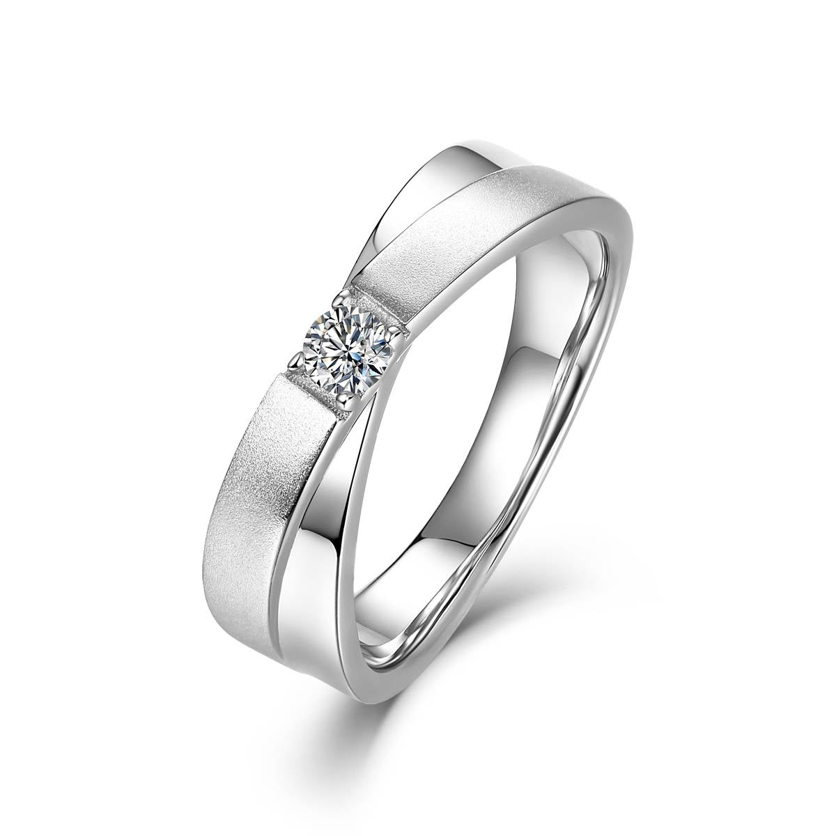 0.2 CT D Color Moissanite Criss-Cross Couple's Band (Men's) in White Gold Plated Sterling Silver#0