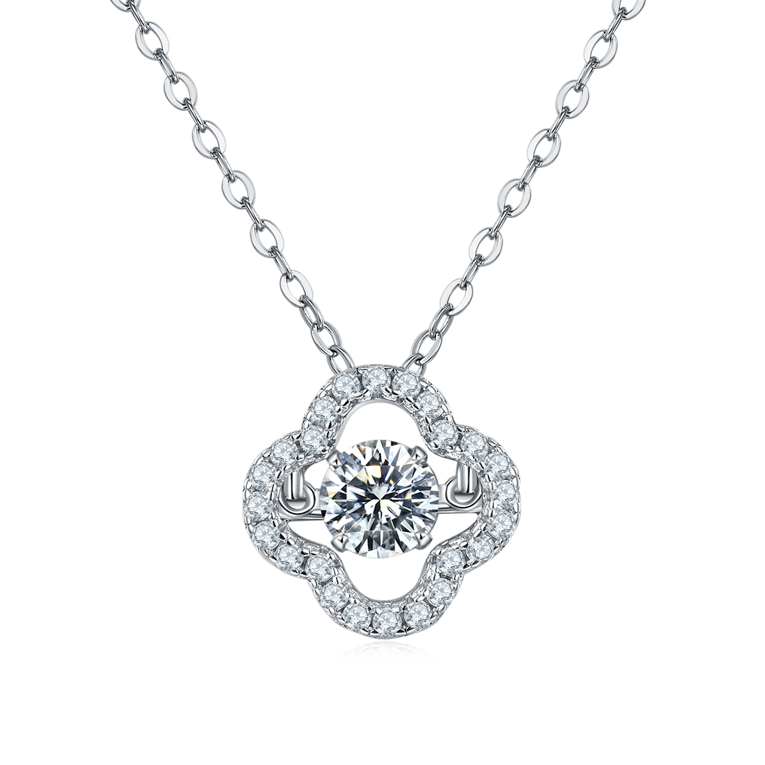 0.5 CT D Color Dancing Lucky Clover Moissanite Necklace in White Gold Plated Sterling Silver#0