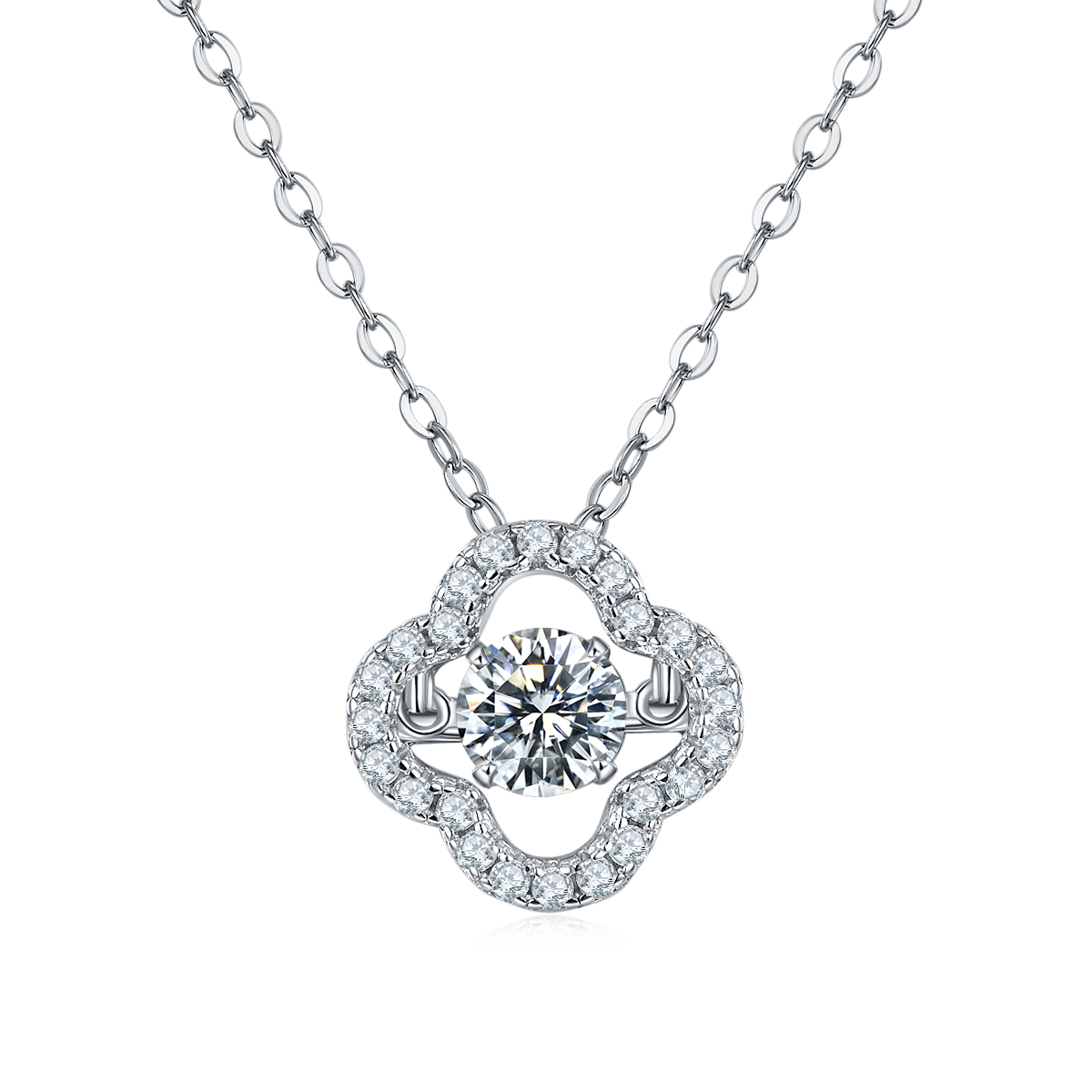 0.5 CT D Color Dancing Lucky Clover Moissanite Necklace in White Gold Plated Sterling Silver#0