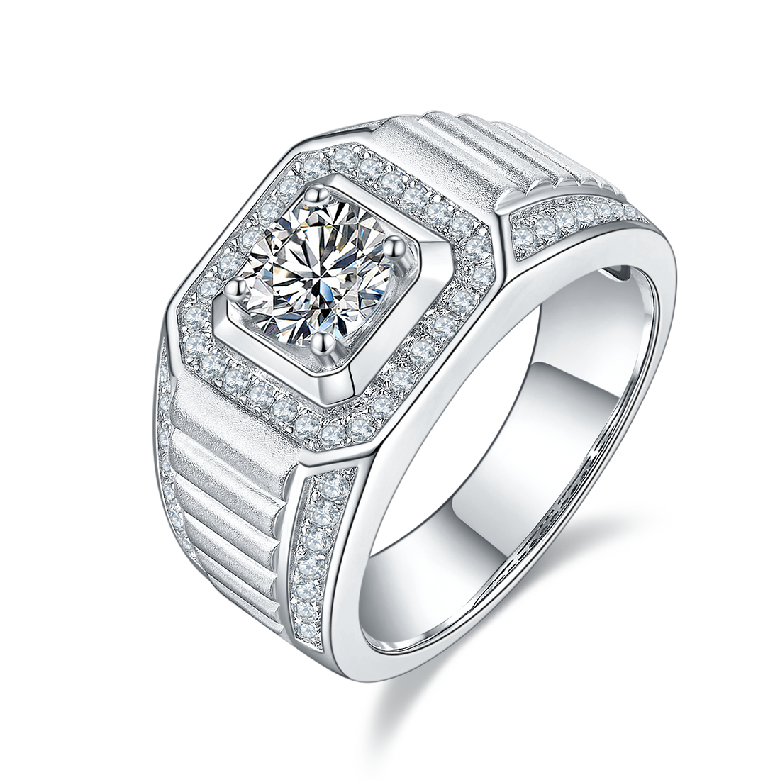 1.0 CT D Color Moissanite Classic Gentleman Men's Band in White Gold Plated Sterling Silver#0