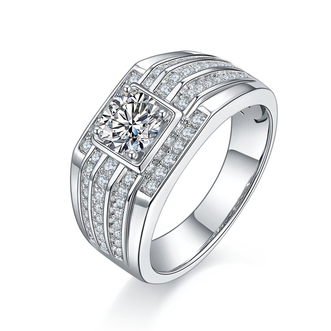 1.0 CT D Color Moissanite Modern Men's Band in White Gold Plated Sterling Silver#0