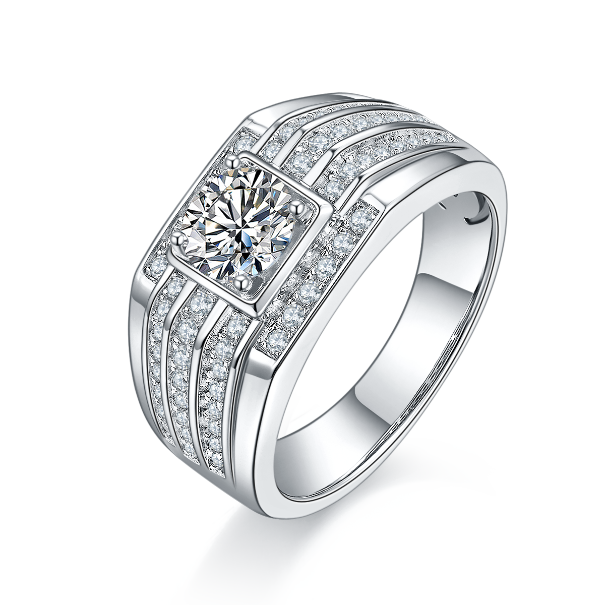 1.0 CT D Color Moissanite Modern Men's Band in White Gold Plated Sterling Silver#0