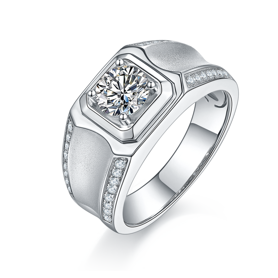 1.0 CT D Color Moissanite Mature Gentleman Men's Band in White Gold Plated Sterling Silver#0